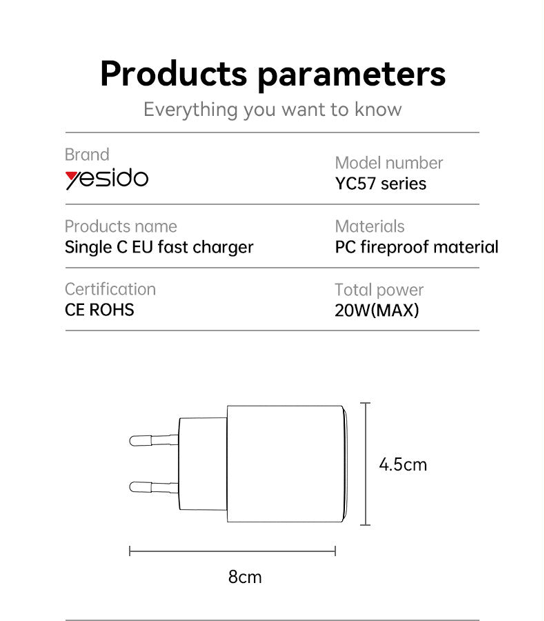 Yesido YC57 PD 20W USB-C Wall Charger — Compact, Safe & Universal Fast Charging
