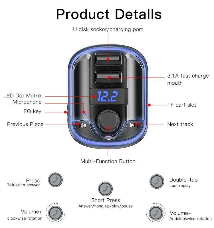 Yesido Y44 Bluetooth FM Transmitter Car Charger — Dual USB, LED Display & Atmosphere Lamp