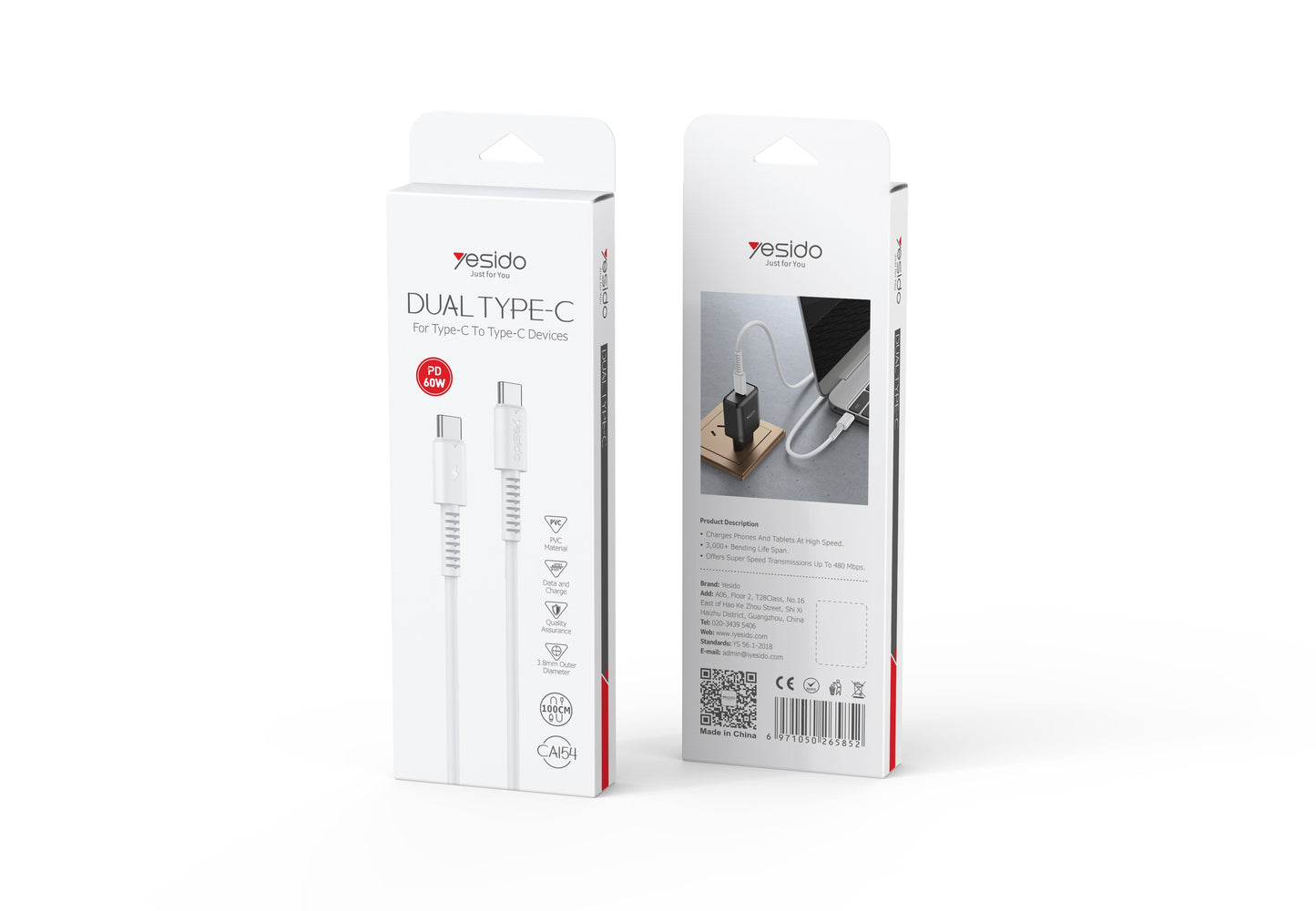 Yesido CA154 PD 60W USB-C to USB-C Data Cable — For All Type-C Devices
