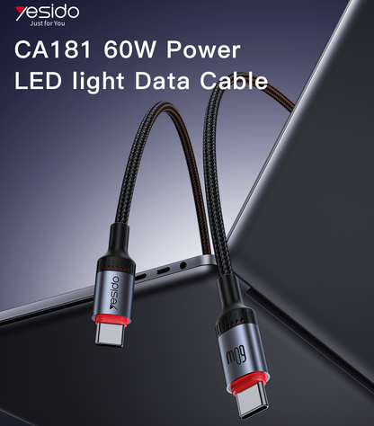 Yesido CA181 60W LED Light USB-C to USB-C Braided Data Cable — 1.2M