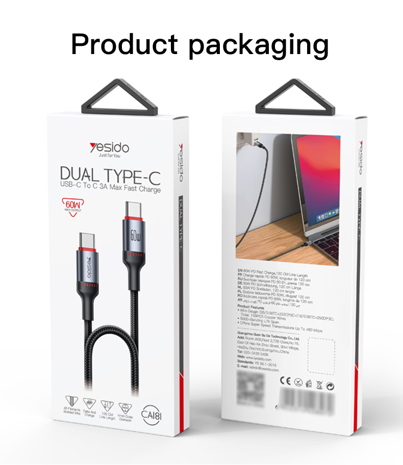 Yesido CA181 60W LED Light USB-C to USB-C Braided Data Cable — 1.2M