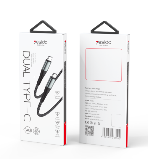 Yesido CA66 PD 60W Dual Type-C Braided Cable — USB 2.0 Fast Charge & Data