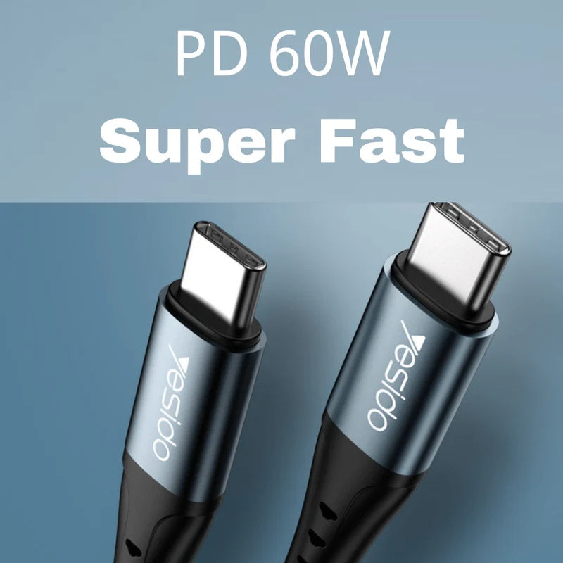 Yesido CA66 PD 60W Dual Type-C Braided Cable — USB 2.0 Fast Charge & Data