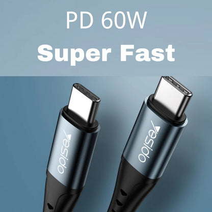 Yesido CA66 PD 60W Dual Type-C Braided Cable — USB 2.0 Fast Charge & Data