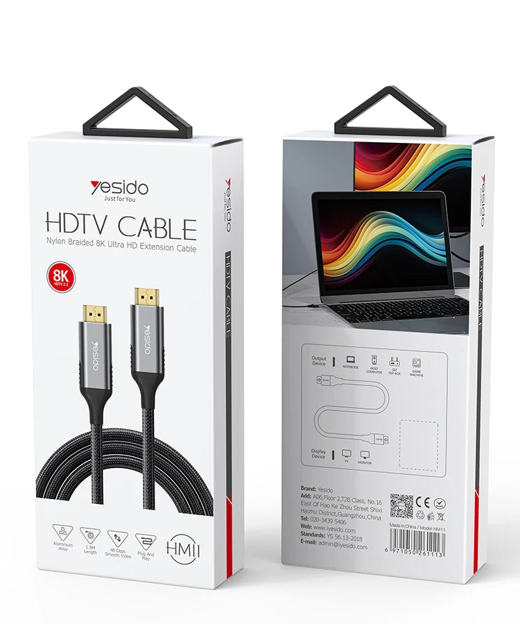 Yesido MH11 4K HDMI to HDMI Braided Cable — HDR, No Delay, Metal Shell