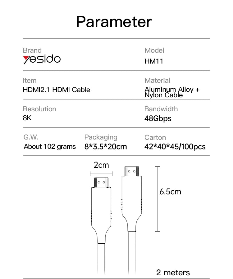 Yesido MH11 4K HDMI to HDMI Braided Cable — HDR, No Delay, Metal Shell