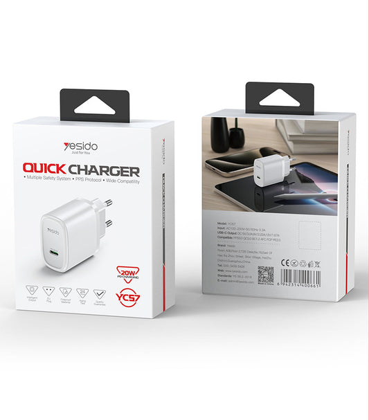Yesido YC57 PD 20W USB-C Wall Charger — Compact, Safe & Universal Fast Charging