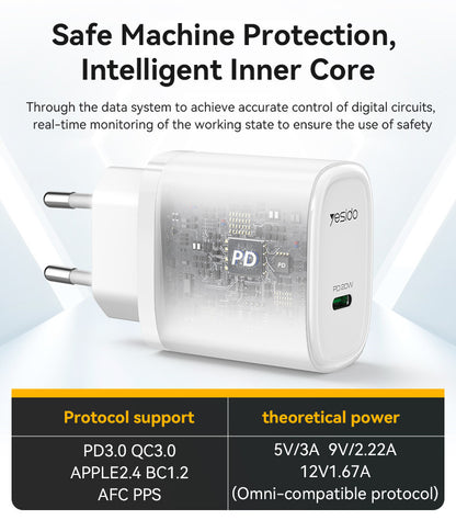 Yesido YC57 PD 20W USB-C Wall Charger — Compact, Safe & Universal Fast Charging
