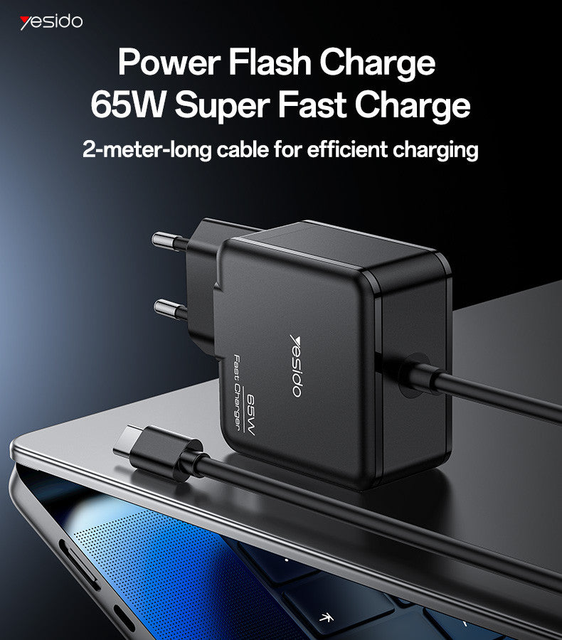 Yesido YC75 65W Laptop Adapter with 2M Built-in USB-C Cable — Multi-Device Fast Charging