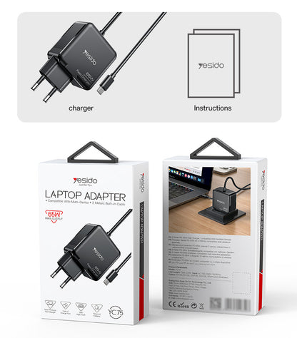 Yesido YC75 65W Laptop Adapter with 2M Built-in USB-C Cable — Multi-Device Fast Charging