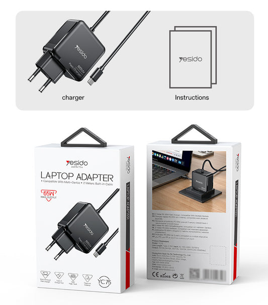 Yesido YC75 65W Laptop Adapter with 2M Built-in USB-C Cable — Multi-Device Fast Charging