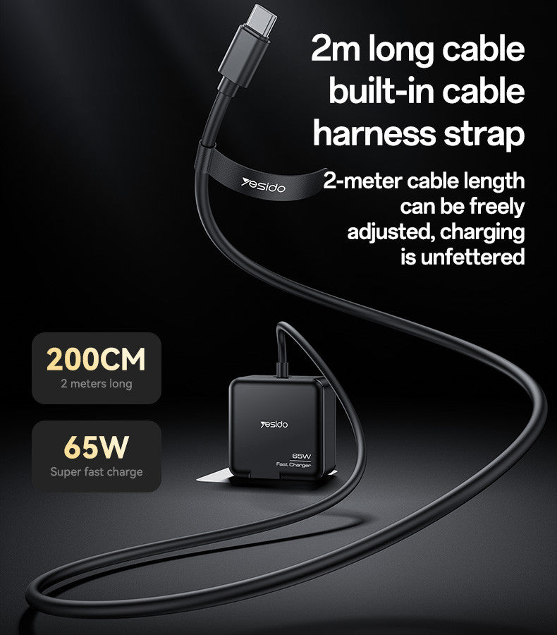 Yesido YC75 65W Laptop Adapter with 2M Built-in USB-C Cable — Multi-Device Fast Charging