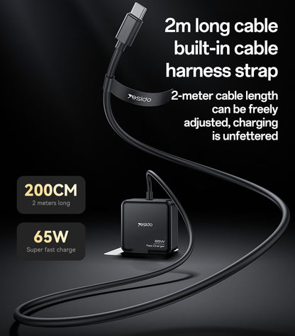 Yesido YC75 65W Laptop Adapter with 2M Built-in USB-C Cable — Multi-Device Fast Charging