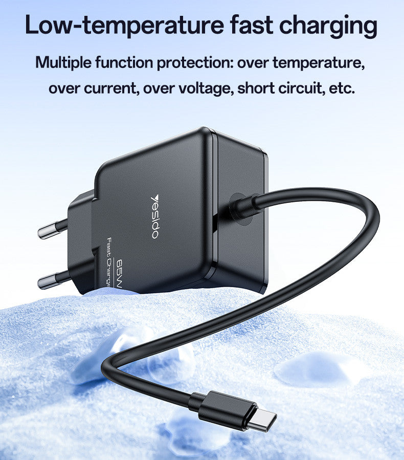 Yesido YC75 65W Laptop Adapter with 2M Built-in USB-C Cable — Multi-Device Fast Charging
