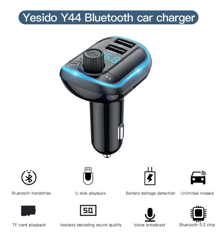 Yesido Y44 Bluetooth FM Transmitter Car Charger — Dual USB, LED Display & Atmosphere Lamp