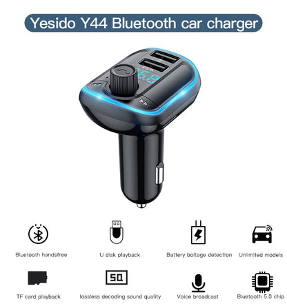 Yesido Y44 Bluetooth FM Transmitter Car Charger — Dual USB, LED Display & Atmosphere Lamp