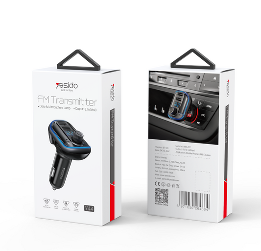 Yesido Y44 Bluetooth FM Transmitter Car Charger — Dual USB, LED Display & Atmosphere Lamp