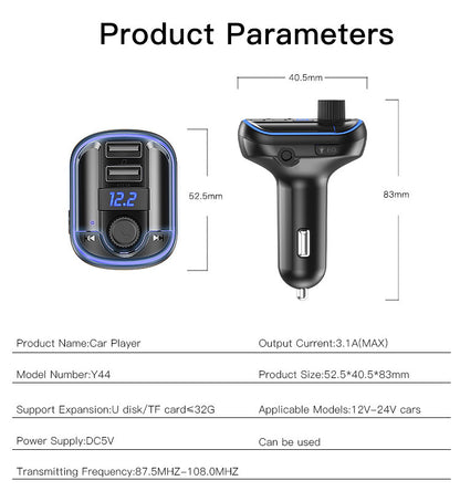 Yesido Y44 Bluetooth FM Transmitter Car Charger — Dual USB, LED Display & Atmosphere Lamp