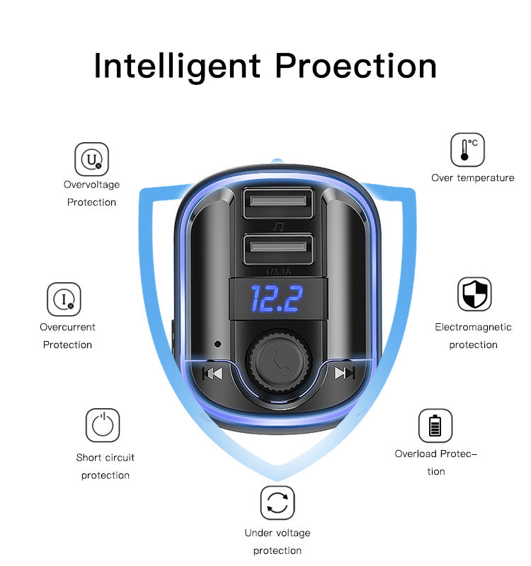 Yesido Y44 Bluetooth FM Transmitter Car Charger — Dual USB, LED Display & Atmosphere Lamp