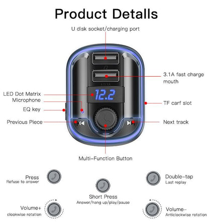 Yesido Y44 Bluetooth FM Transmitter Car Charger — Dual USB, LED Display & Atmosphere Lamp