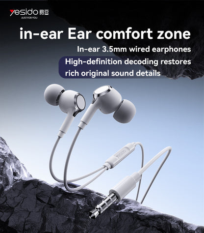 Yesido YH53 3.5mm Wired In-Ear Earphones — HD Mic, Composite Diaphragm & 3-Button Remote