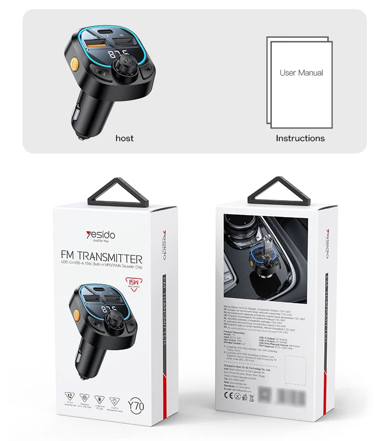 Yesido Y70 Bluetooth 5.3 FM Transmitter Car Charger