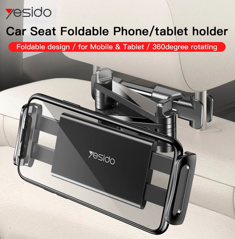 Yesido C117 Back Bracket Car Backseat Headrest Phone & Tablet Holder — 360°, Spring Clip, Aluminum Alloy