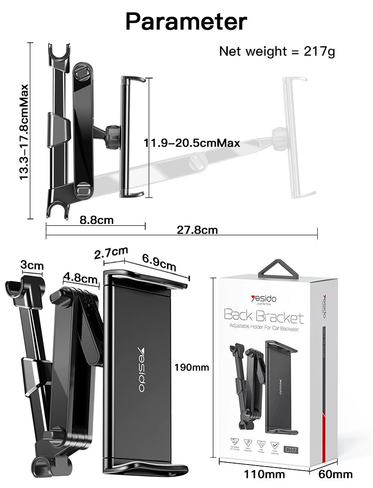 Yesido C117 Back Bracket Car Backseat Headrest Phone & Tablet Holder — 360°, Spring Clip, Aluminum Alloy