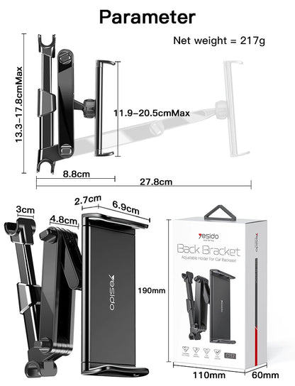 Yesido C117 Back Bracket Car Backseat Headrest Phone & Tablet Holder — 360°, Spring Clip, Aluminum Alloy