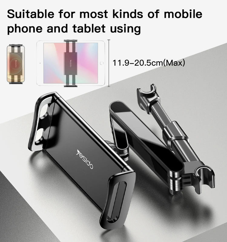 Yesido C117 Back Bracket Car Backseat Headrest Phone & Tablet Holder — 360°, Spring Clip, Aluminum Alloy