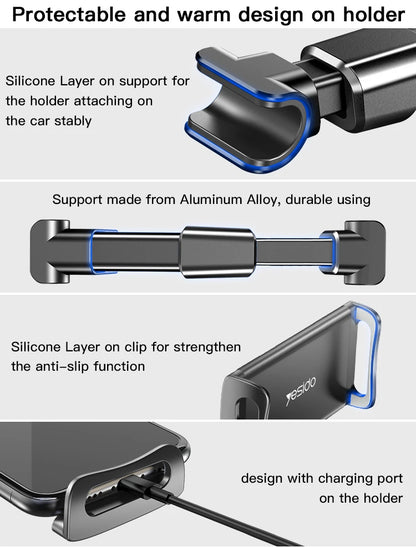 Yesido C117 Back Bracket Car Backseat Headrest Phone & Tablet Holder — 360°, Spring Clip, Aluminum Alloy