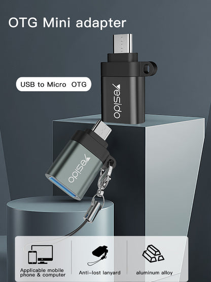 Yesido GS07 Micro OTG Adapter — USB 2.0 Super Fast Data Transmission, Plug & Play, Anti-Lost Lanyard