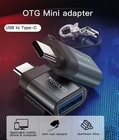 Yesido GS06 Type-C OTG Adapter — USB 3.0 Super Fast Data, Aluminum Alloy, Anti-Lost Lanyard, 2 Colors