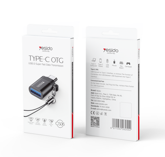 Yesido GS06 Type-C OTG Adapter — USB 3.0 Super Fast Data, Aluminum Alloy, Anti-Lost Lanyard, 2 Colors